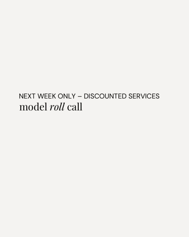 Model Roll Call 🤍

Next week only, limited openings.

PRF Undereye | $399
Lip Filler | $499
Cheek Filler | $799

Must book under Edith + add “Model Booking” in appointment notes. Spots are limited.